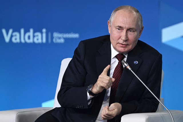 <p>Russian President Vladimir Putin gestures while speaking at the annual meeting of the Valdai Discussion Club in Sochi </p>