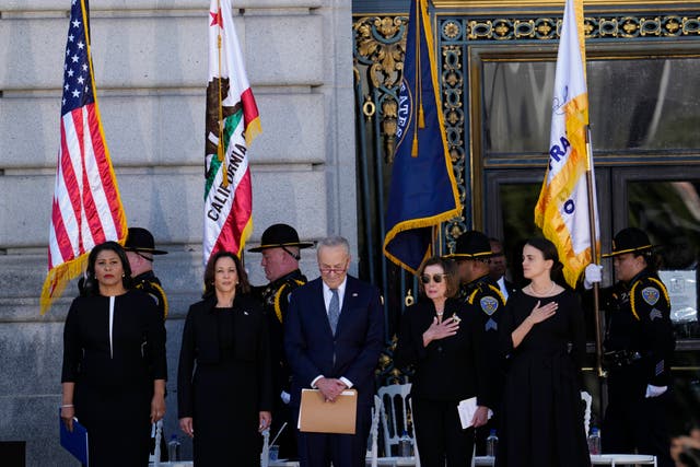 <p>Dignitaries, from left to right, San Francisco Mayor London Breed, Vice President Kamala Harris, Senate Majority Leader Chuck Schumer, D-N.Y., Rep. Nancy Pelosi, D-Calif. and Dianne Feinstein's granddaughter Eileen Mariano stand during a memorial service for U.S. Sen. Dianne Feinstein, Thursday, Oct. 5, 2023, in San Francisco</p>