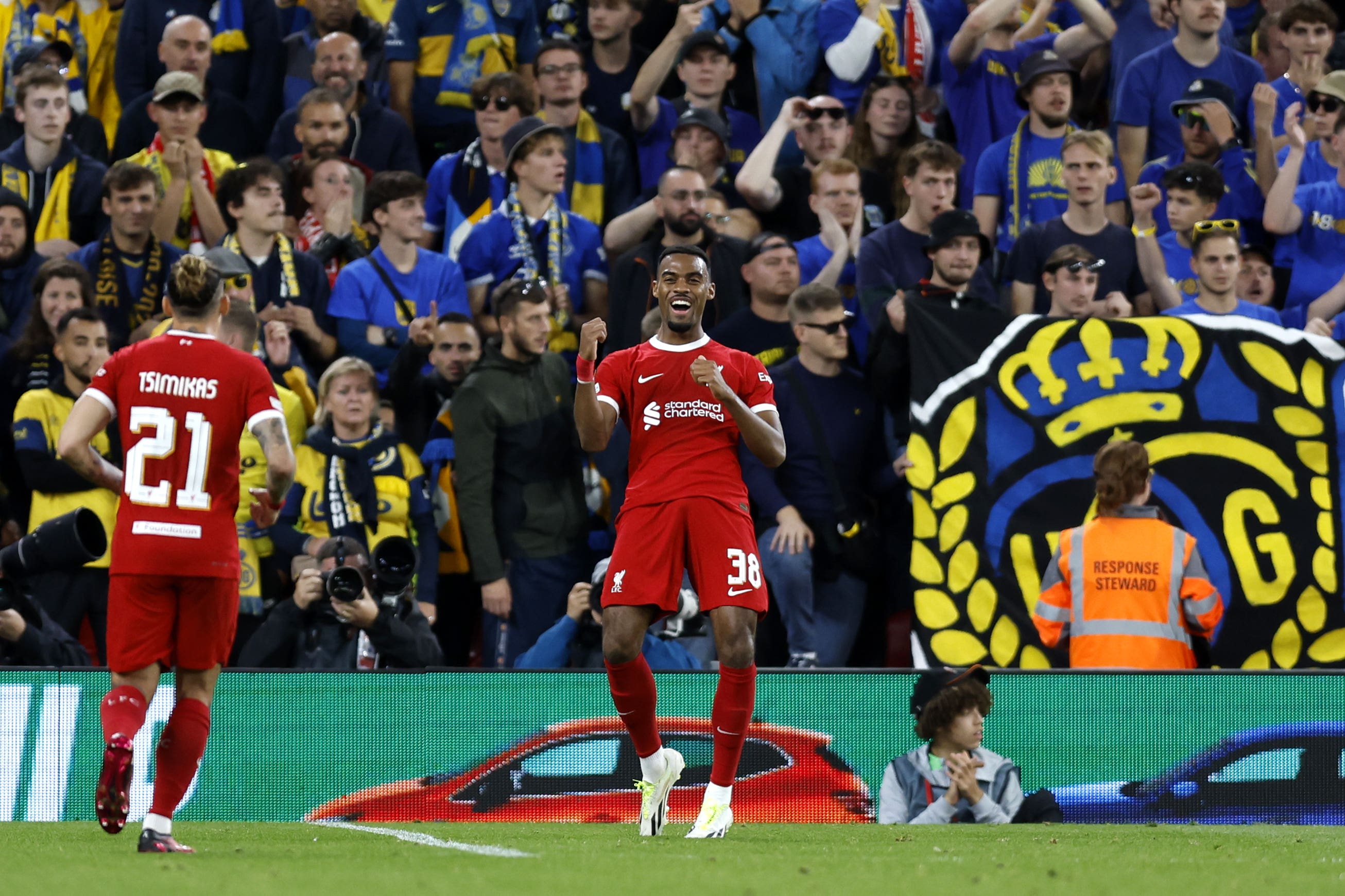 Ryan Gravenberch scored his first goal for Liverpool (Nigel French/PA)