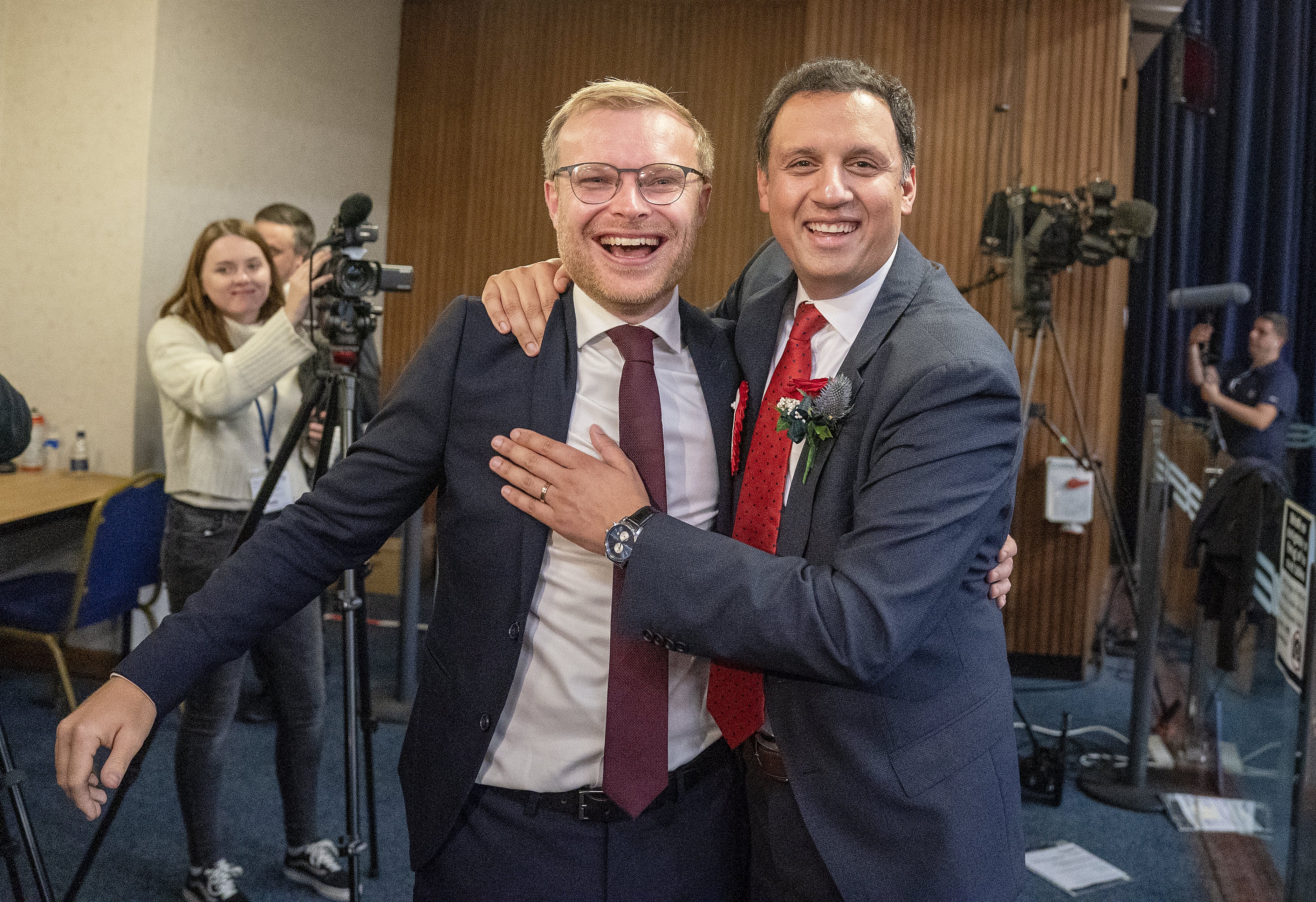 Scottish Labour leader Anas Sarwar with candidate Michael Shanks after Labour won the Rutherglen and Hamilton West by-election, at South Lanarkshire Council Headquarters in Hamilton.