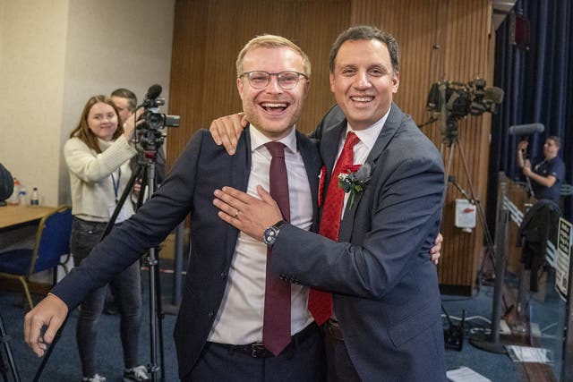 <p>Scottish Labour leader Anas Sarwar with candidate Michael Shanks after Labour won the Rutherglen and Hamilton West by-election, at South Lanarkshire Council Headquarters in Hamilton.</p>