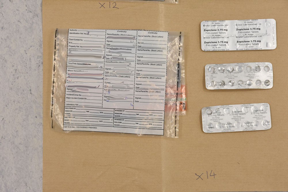 Police photo of evidence including drugs collected from the two healthcare workers