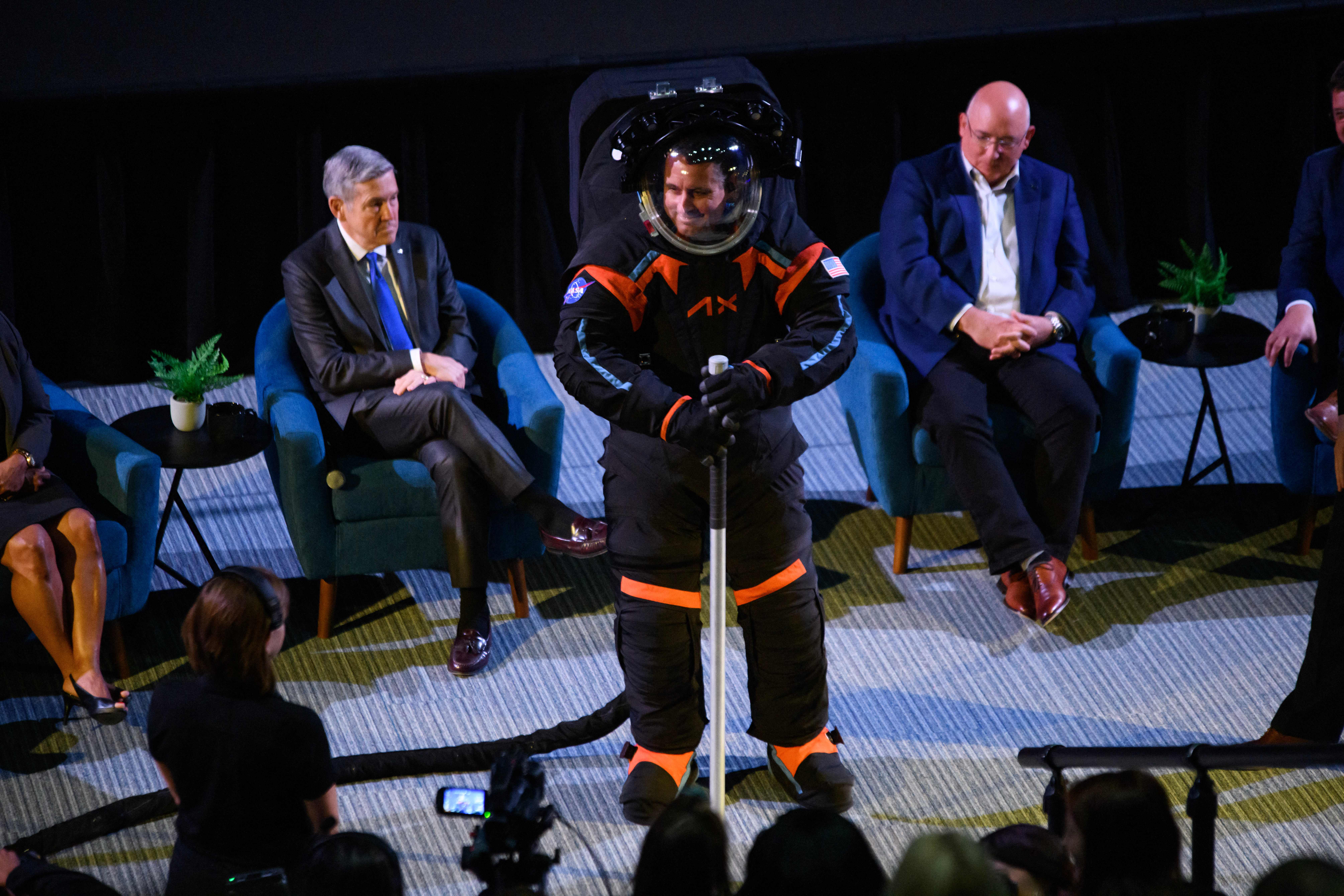 Chief engineer Jim Stein wears the new space suit during the Axiom Space Artemis III Lunar Spacesuit event on 15 March this year. The suit seen here is a ‘cover layer currently being used for display purposes only to conceal the suits proprietary design’, as per Axiom