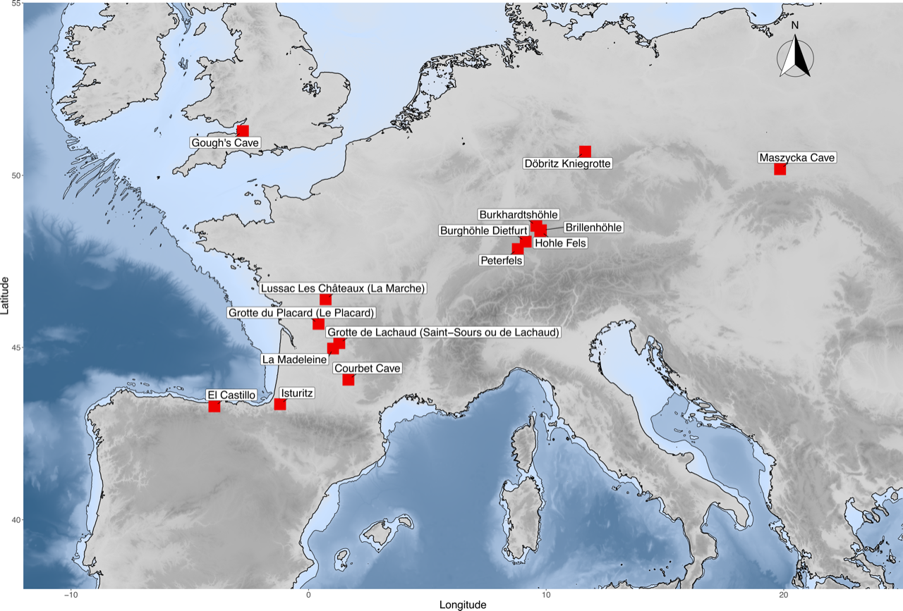 Map of Magdalenian sites where cannibalism has been identified as funerary behaviour