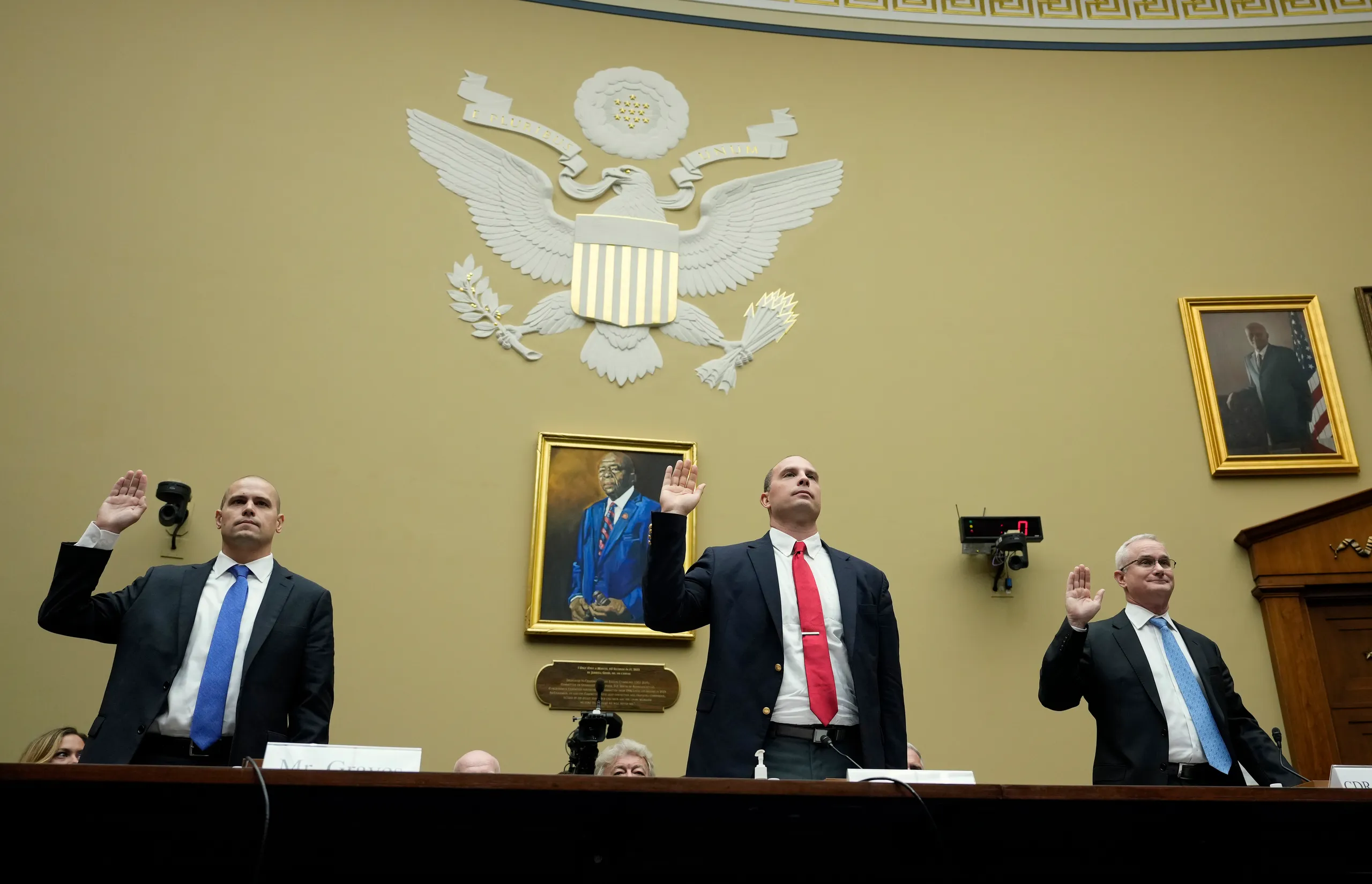 Ryan Graves, David Grusch and David Fravor are sworn in during the House Oversight Committee hearing on UAPs