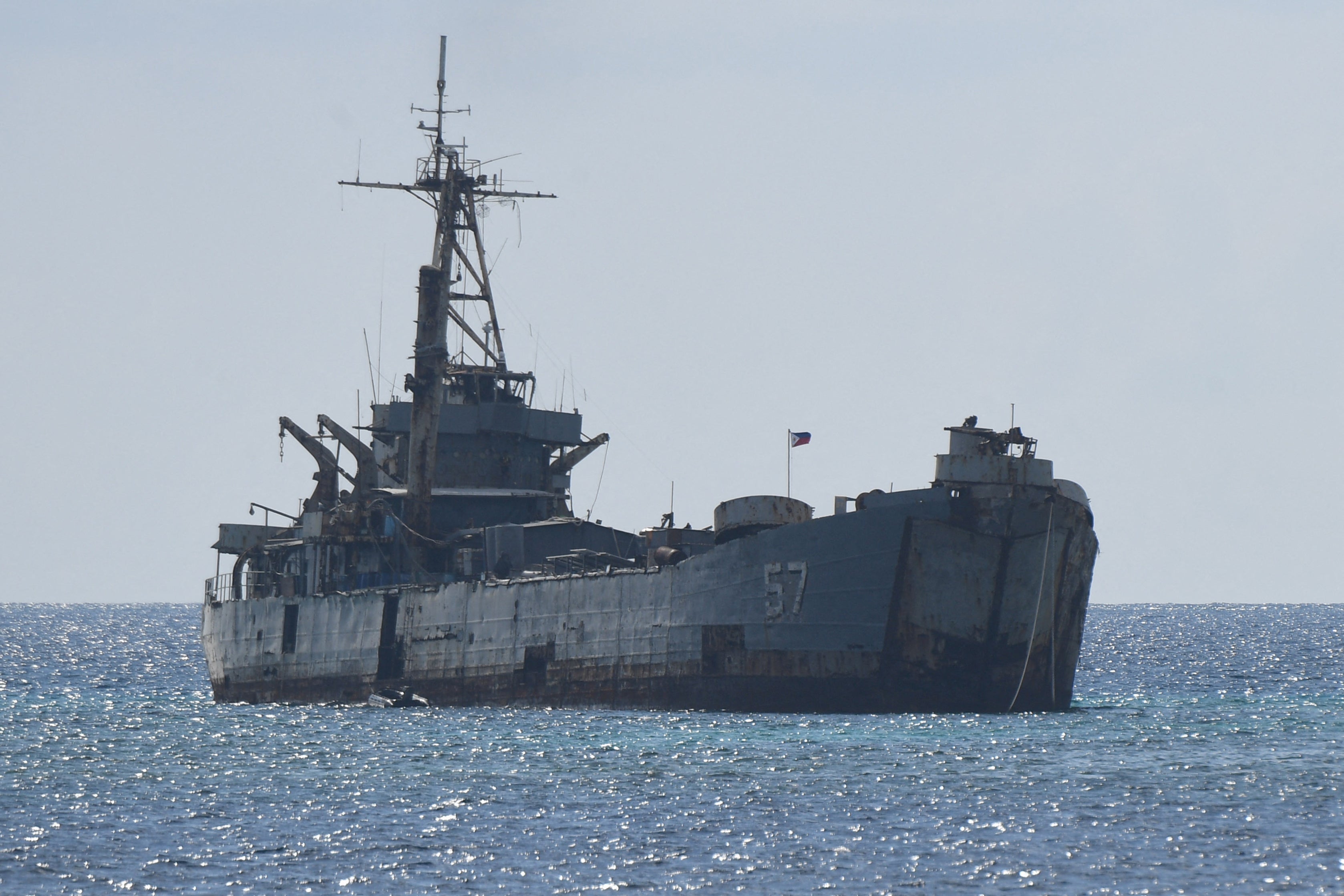 This photo taken on 23 April 2023 shows the grounded Philippine navy ship BRP Sierra Madre where marines are stationed to assert Manila’s territorial claims at Second Thomas Shoal in the Spratly Islands in the disputed South China Sea