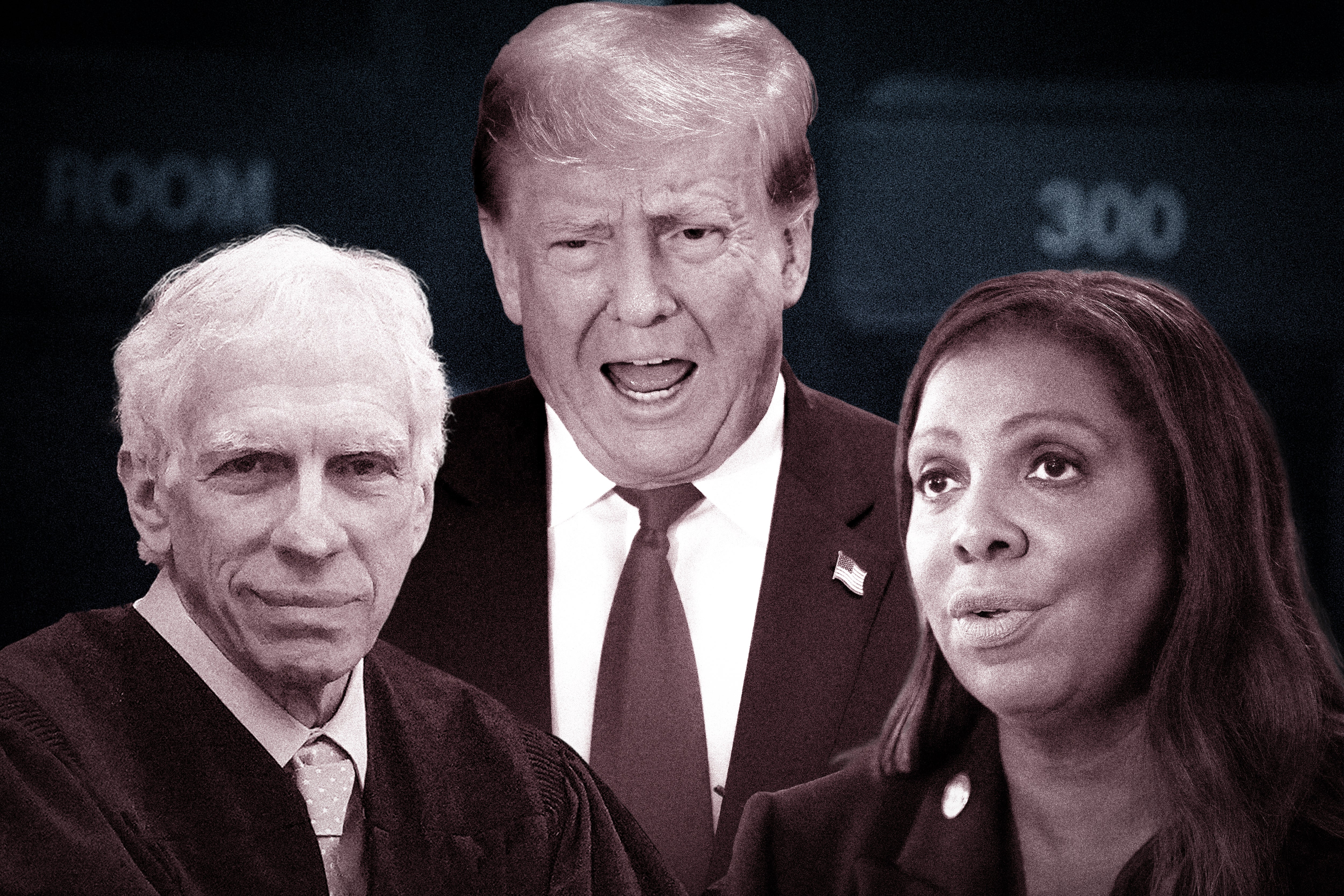 (L-R) New York Supreme Court Justice Arthur Engoron, Donald Trump, and New York Attorney General Letitia James