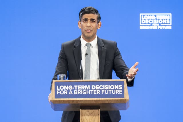 Prime Minister Rishi Sunak delivers his keynote speech at the Conservative Party annual conference (Danny Lawson/PA)