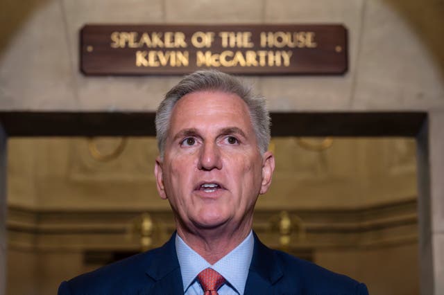 <p>Speaker of the House Kevin McCarthy, (R-CA), speaks at the Capitol in Washington, 12 Sept 2023</p>