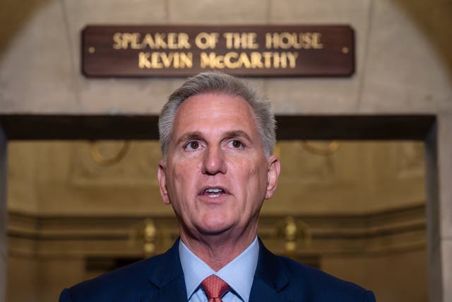 <p>Speaker of the House Kevin McCarthy, (R-CA), speaks at the Capitol in Washington, 12 Sept 2023</p>