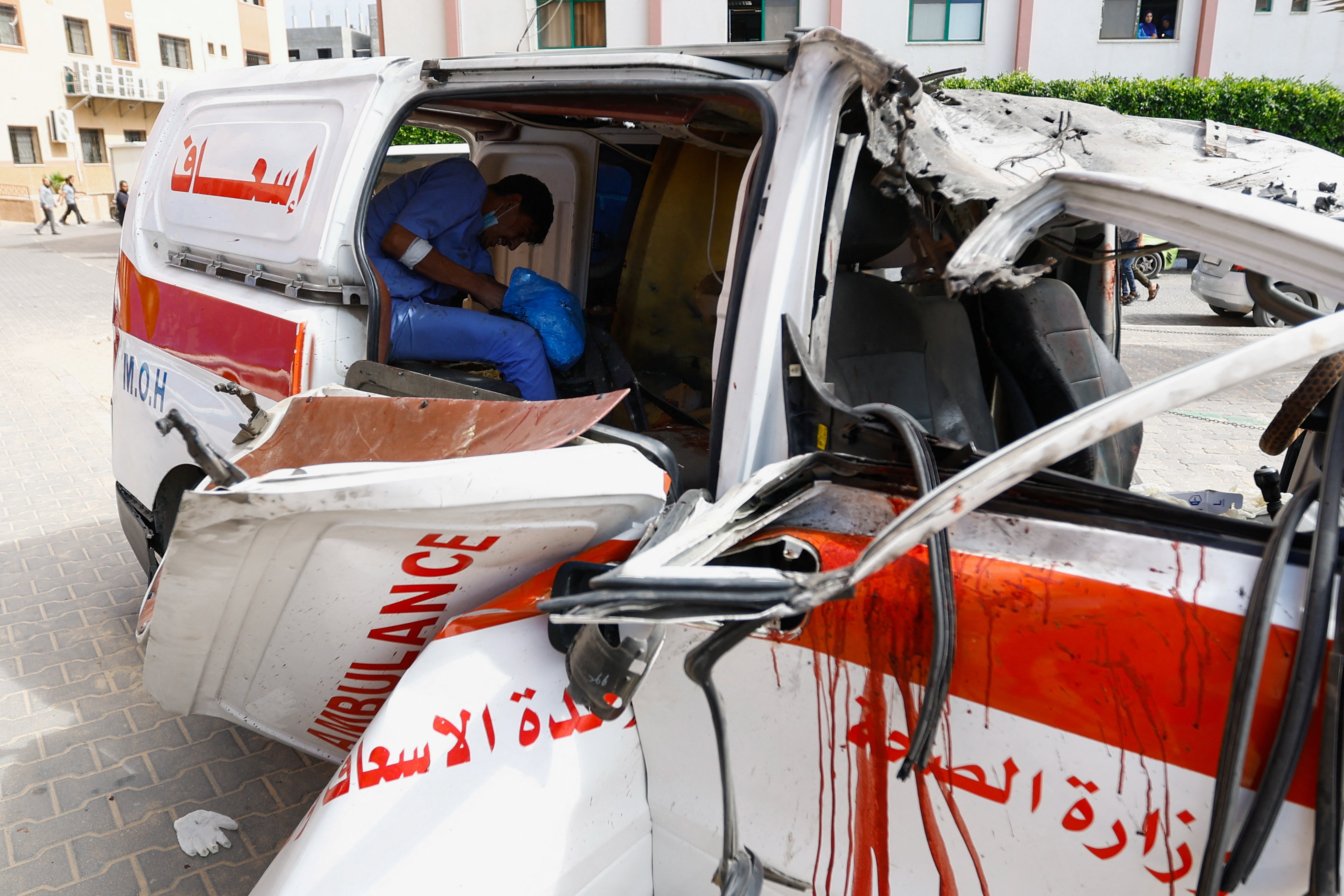 A view of an ambulance hit by an Israeli strike, after Hamas gunmen launched a surprise attack against Israel
