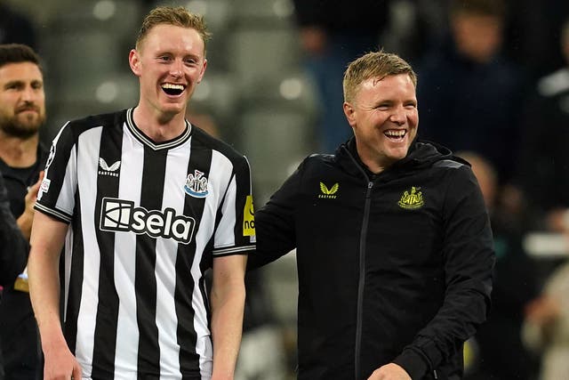 Newcastle head coach Eddie Howe (right) has insisted Sean Longstaff should have an England call-up in his sights (Martin Rickett/PA)
