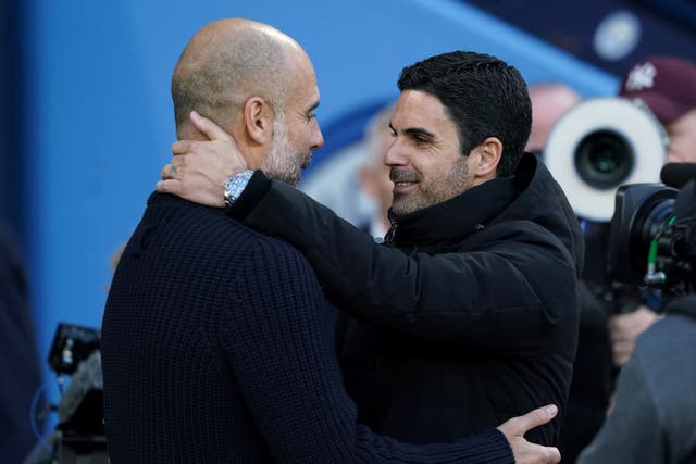 Pep Guardiola, left, and Mikel Arteta worked together for three years at Manchester City (Martin Rickett/PA)