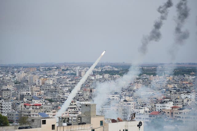 Rockets are launched by Palestinian militants from the Gaza Strip towards Israel (Hatem Moussa/AP)