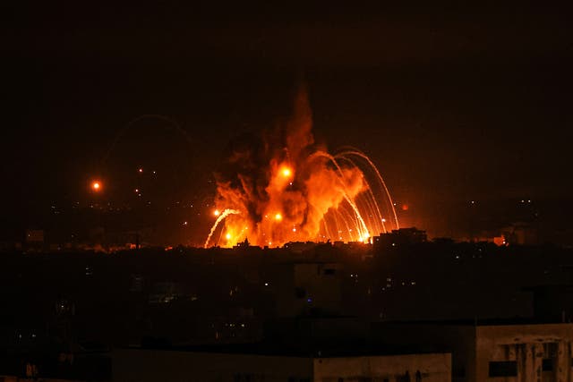 <p> Smoke and flames rise after Israeli force airstrikes in Gaza</p>