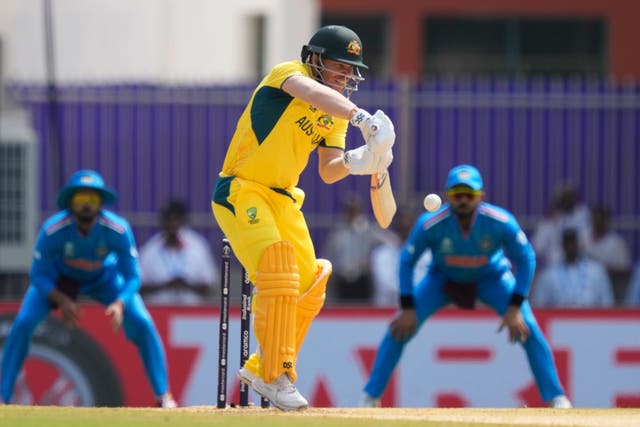 <p>David Warner in action during Australia’s innings</p>