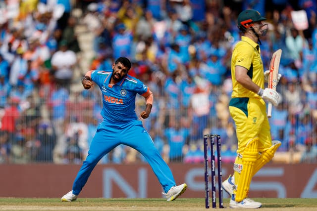 <p>Jasprit Bumrah dismisses Mitch Marsh early in Australia’s innings in the pair’s group stage clash </p>