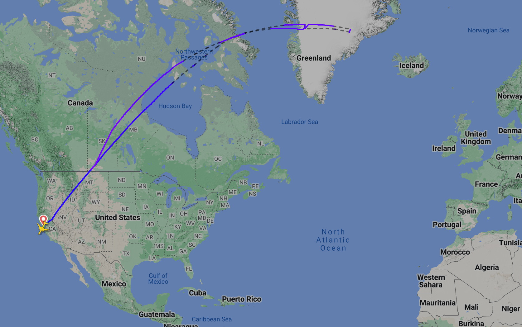 <p>Going nowhere: Flightpath of United Airlines UA954 from San Francisco, which turned back halfway to Tel Aviv</p>