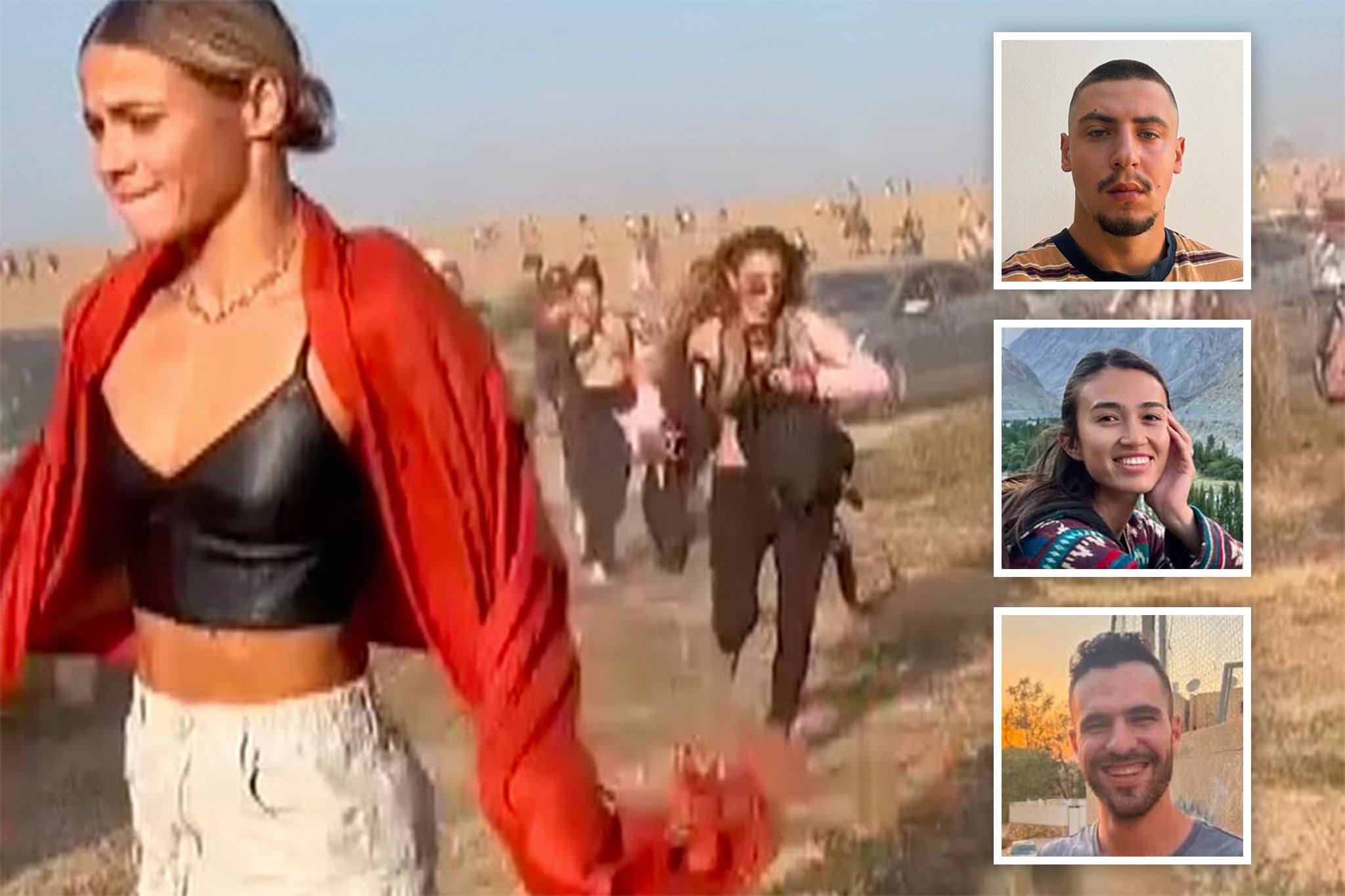 <p>Ravers flee en masse as Hamas militants arrive in Negev Desert, southern Israel. Inset (from top), social media pics of Jake Marlowe and Noa Argamani, who were taken by Hamas forces, and Peleg Oren, who escaped safely </p>