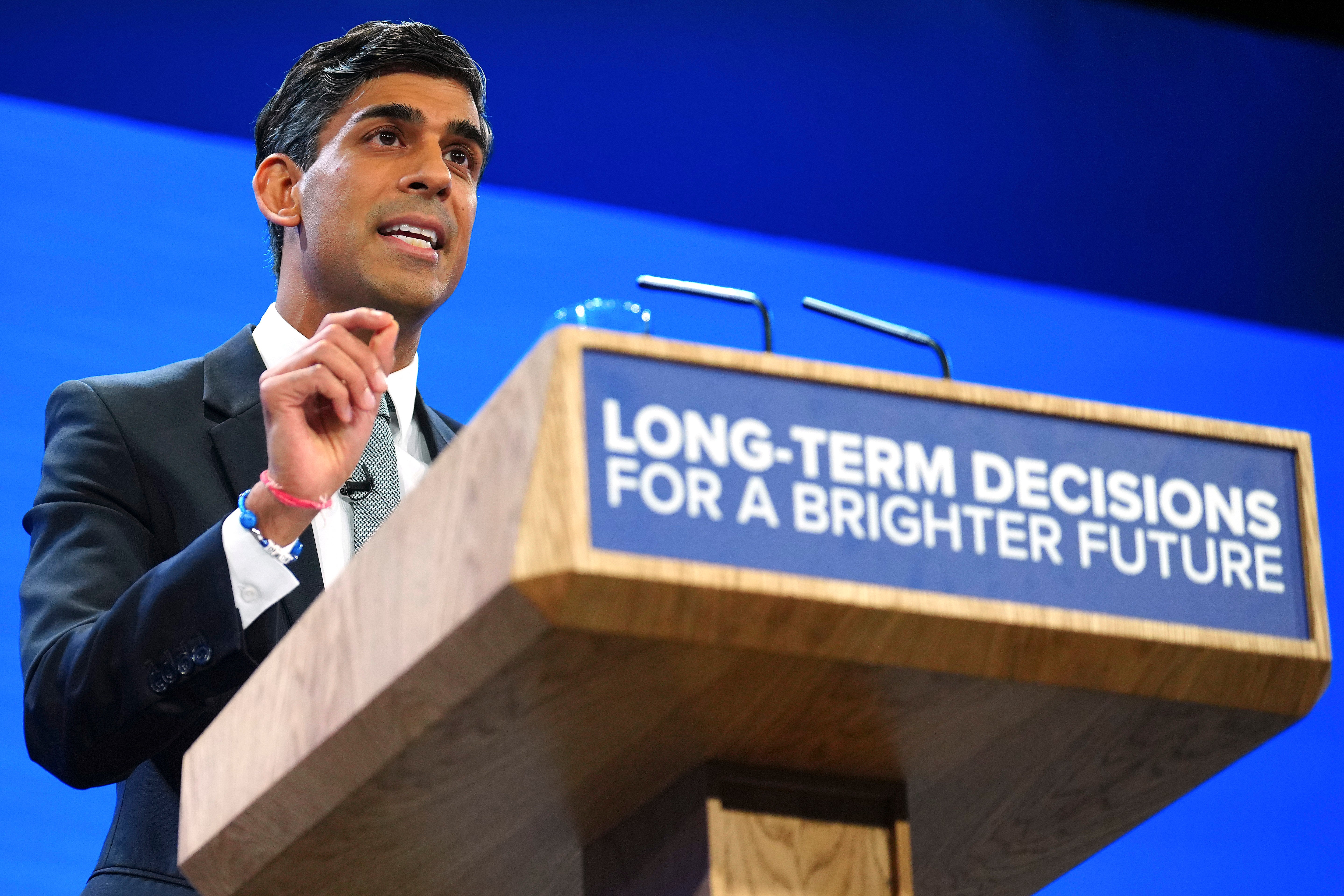 Britain’s Prime Minister Rishi Sunak speaks during the Conservative Party annual conference in Manchester