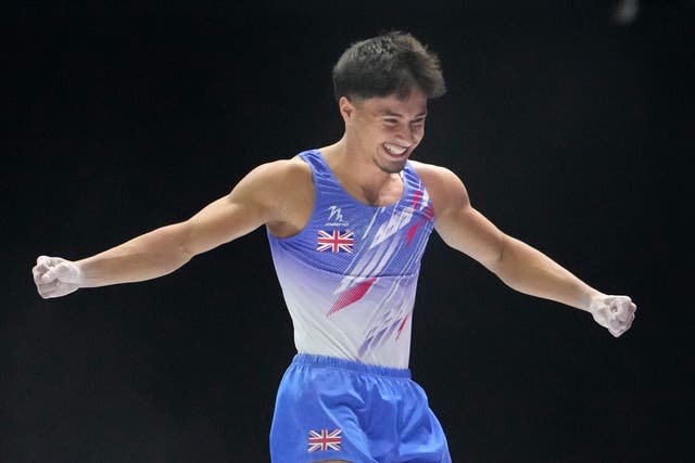 Great Britain’s Jake Jarman looks delighted after landing his second vault (Virginia Mayo/AP)