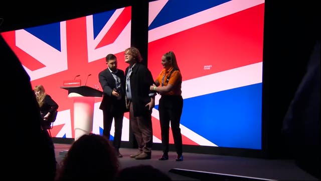 <p>Protester storms stage ahead of Angela Rayner speech at Labour Party conference</p>
