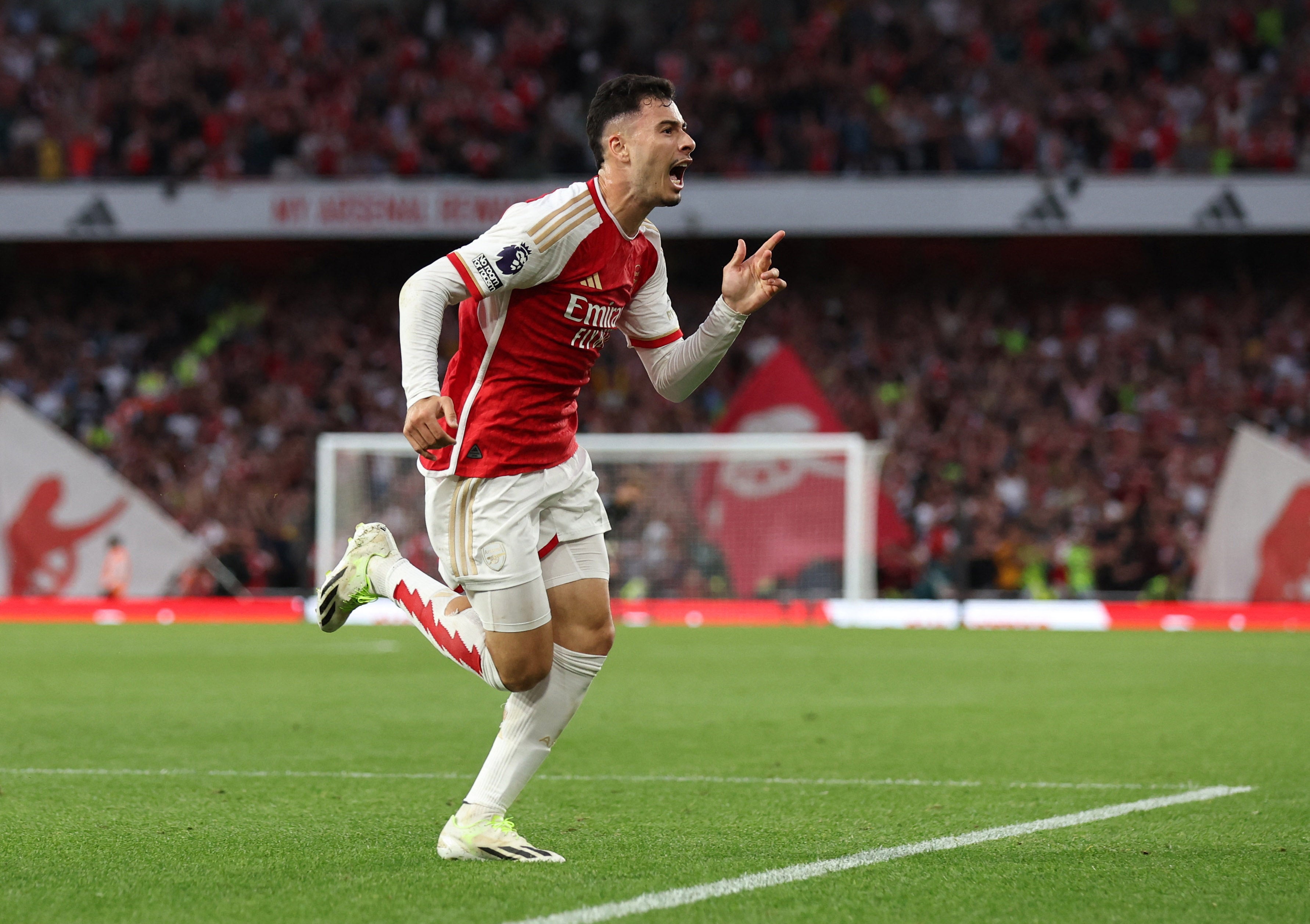 Arsenal’s Gabriel Martinelli celebrates scoring his side’s late winner against Manchester City
