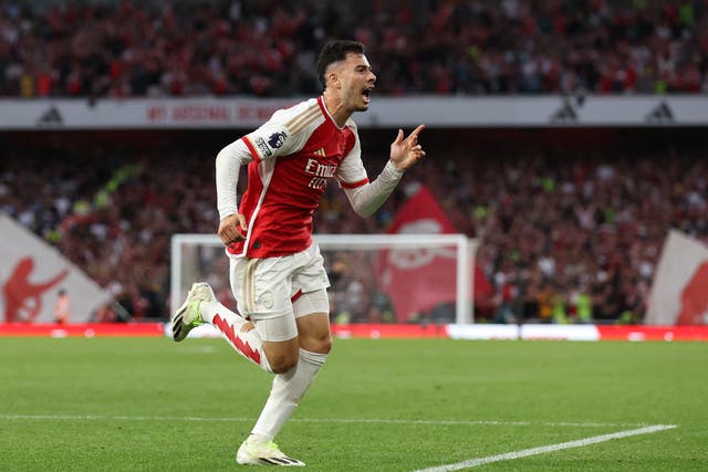 <p>Arsenal’s Gabriel Martinelli celebrates scoring his side’s late winner against Manchester City </p>