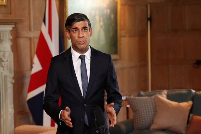 Prime Minister Rishi Sunak records a video message about the situation in Israel at Chequers, the official country residence of the Prime Minister, near Aylesbury, Buckinghamshire. Mr Sunak urged those in the region not to use the Israel-Hamas conflict “as an opportunity to incite further violence or hatred”. Picture date: Sunday October 8, 2023.