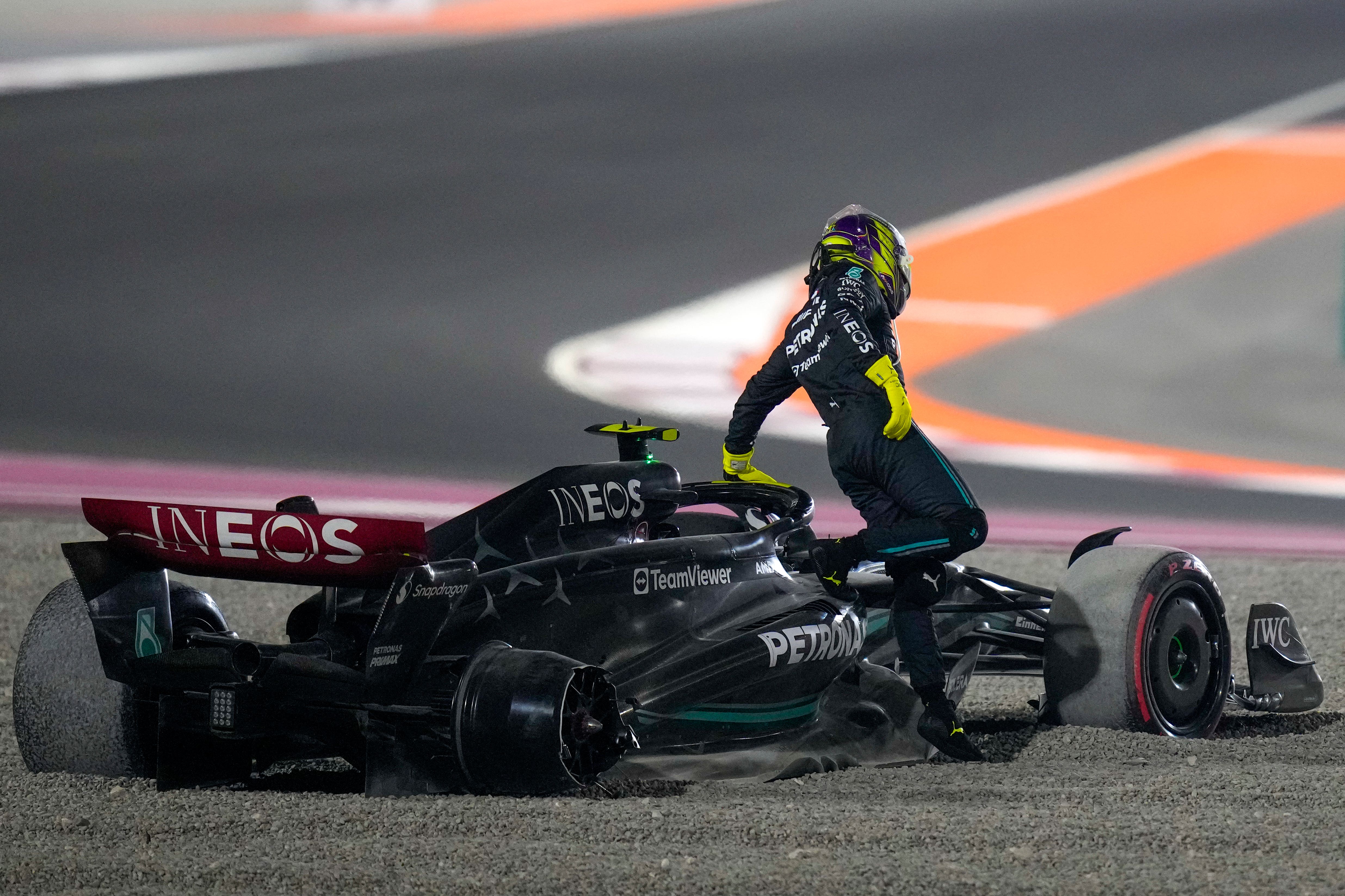 Lewis Hamilton was sent crashing into the gravel (AP Photo/Darko Bandic)