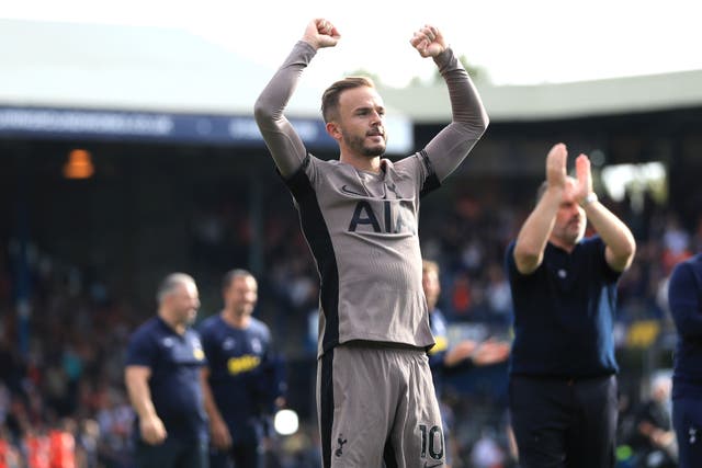 James Maddison celebrates Tottenham’s 1-0 win at Luton (Bradley Collyer/PA)