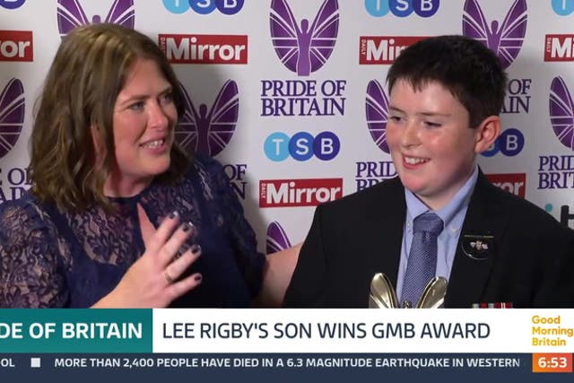 <p> Lee Rigby’s wife speaks out as son wins Pride of Britain Award.</p>