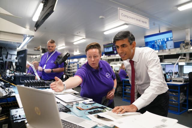 Prime Minister Rishi Sunak made a visit to a Currys customer service centre on Monday before addressing employees (Joe Giddens/PA)