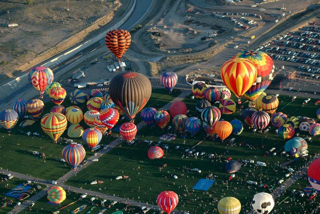 <p>An aerial view is seen during the first wave of the balloon launching at the Albuquerque International Balloon Fiesta.</p>
