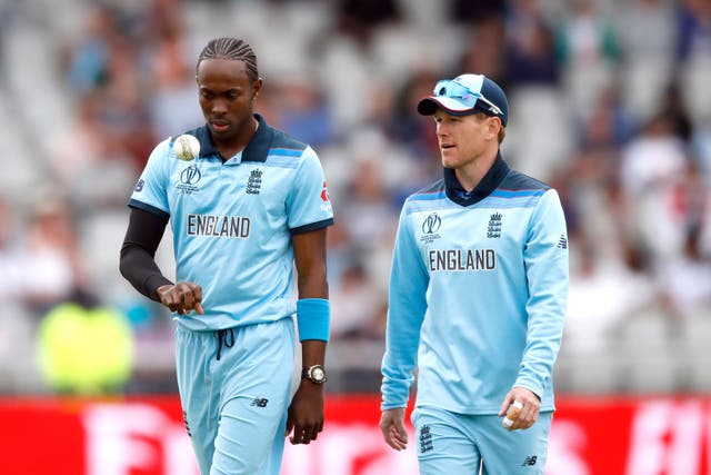 Eoin Morgan right, does not expect to see Jofra Archer, left, play in this year’s Cricket World Cup (Martin Rickett/PA)