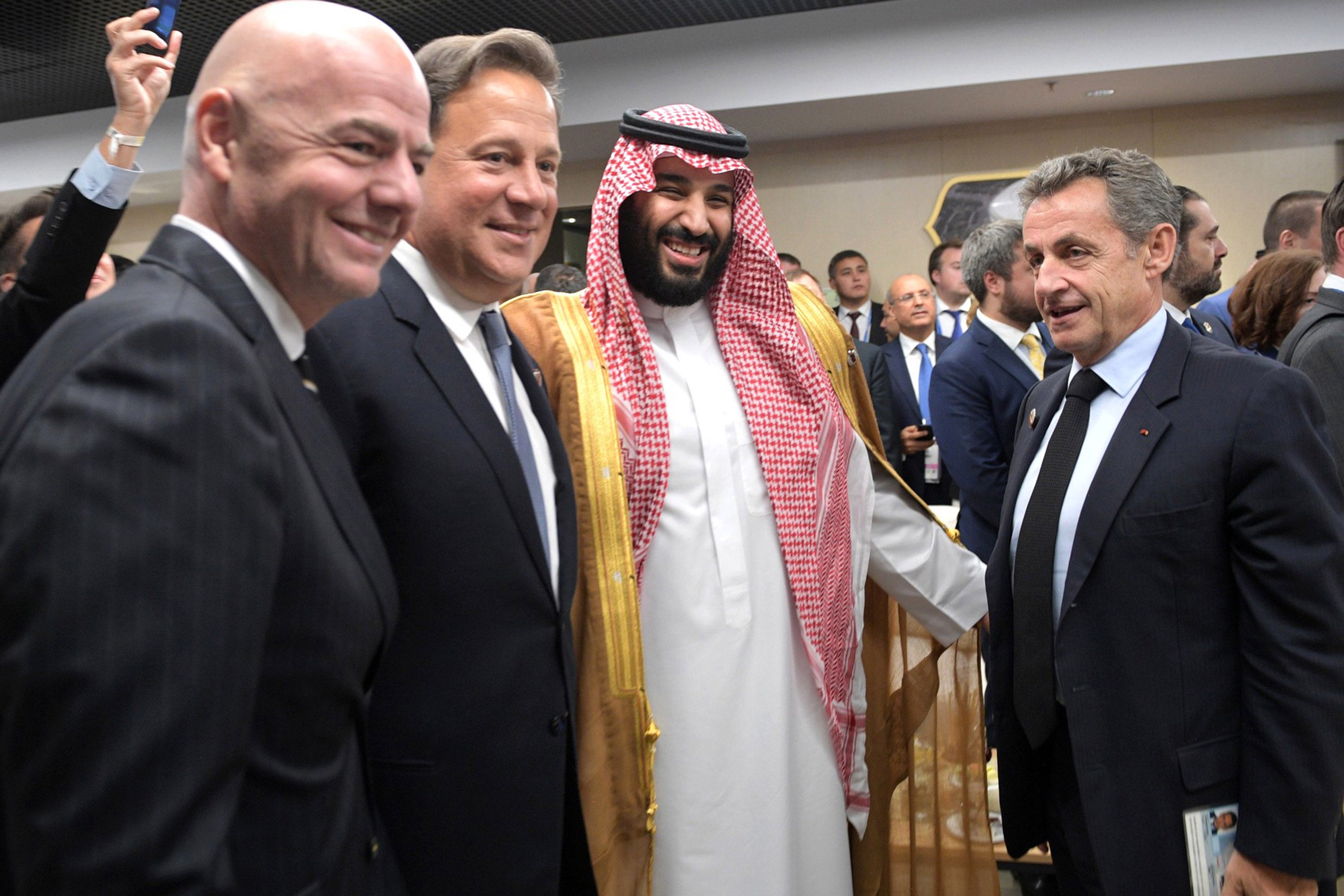Fifa President Gianni Infantino, left, alongside Saudi Arabia’s Crown Prince Mohammed Bin Salman Al Saud at the 2018 World Cup