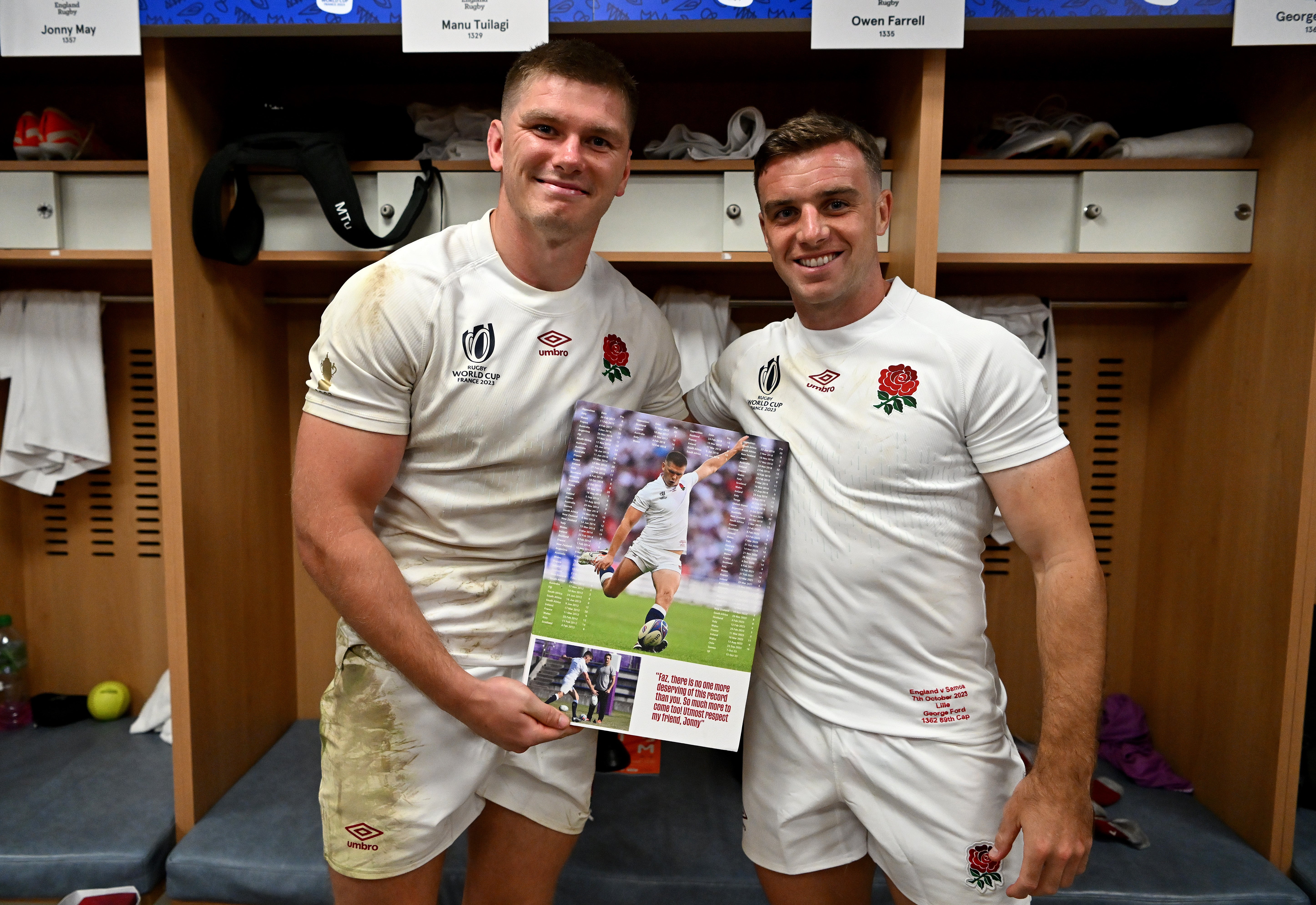 Owen Farrell (left) became England’s record points scorer during the win over Samoa