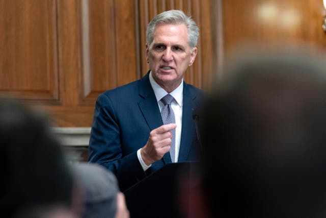<p>Former Speaker of the House Rep. Kevin McCarthy, R-Calif., speaks during a news conference at the Capitol in Washington, Monday, Oct. 9, 2023</p>