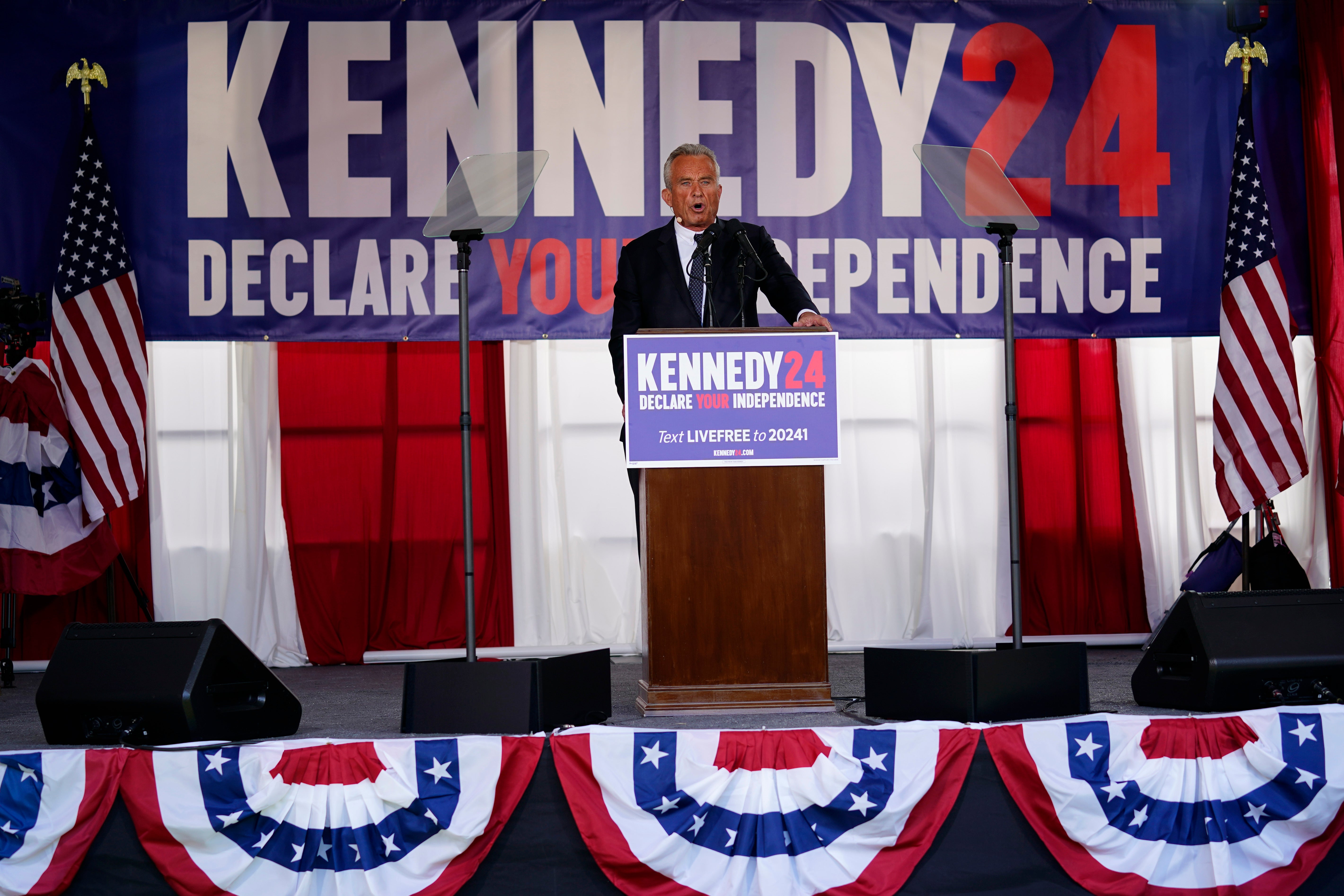 Presidential candidate Robert F. Kennedy, Jr. speaks during a campaign event at Independence Mall, Monday, Oct. 9, 2023, in Philadelphia.