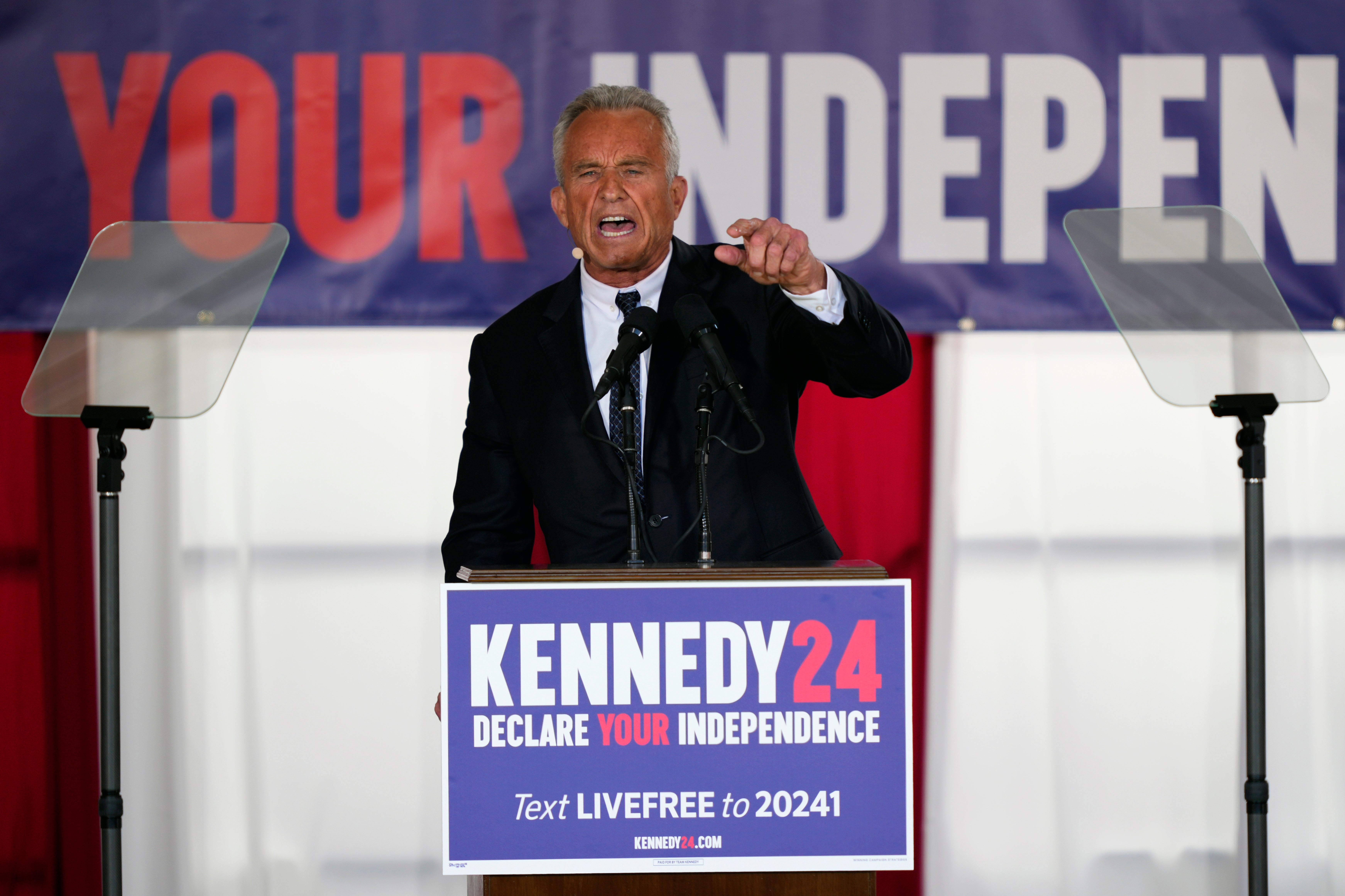 Presidential candidate Robert F. Kennedy, Jr. speaks during a campaign event at Independence Mall, Monday, Oct. 9, 2023, in Philadelphia.