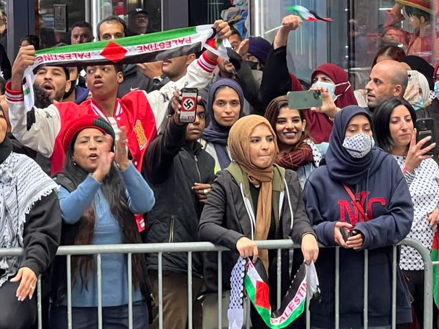 <p>A protestor was seen in Times Square brandishing a swastika</p>