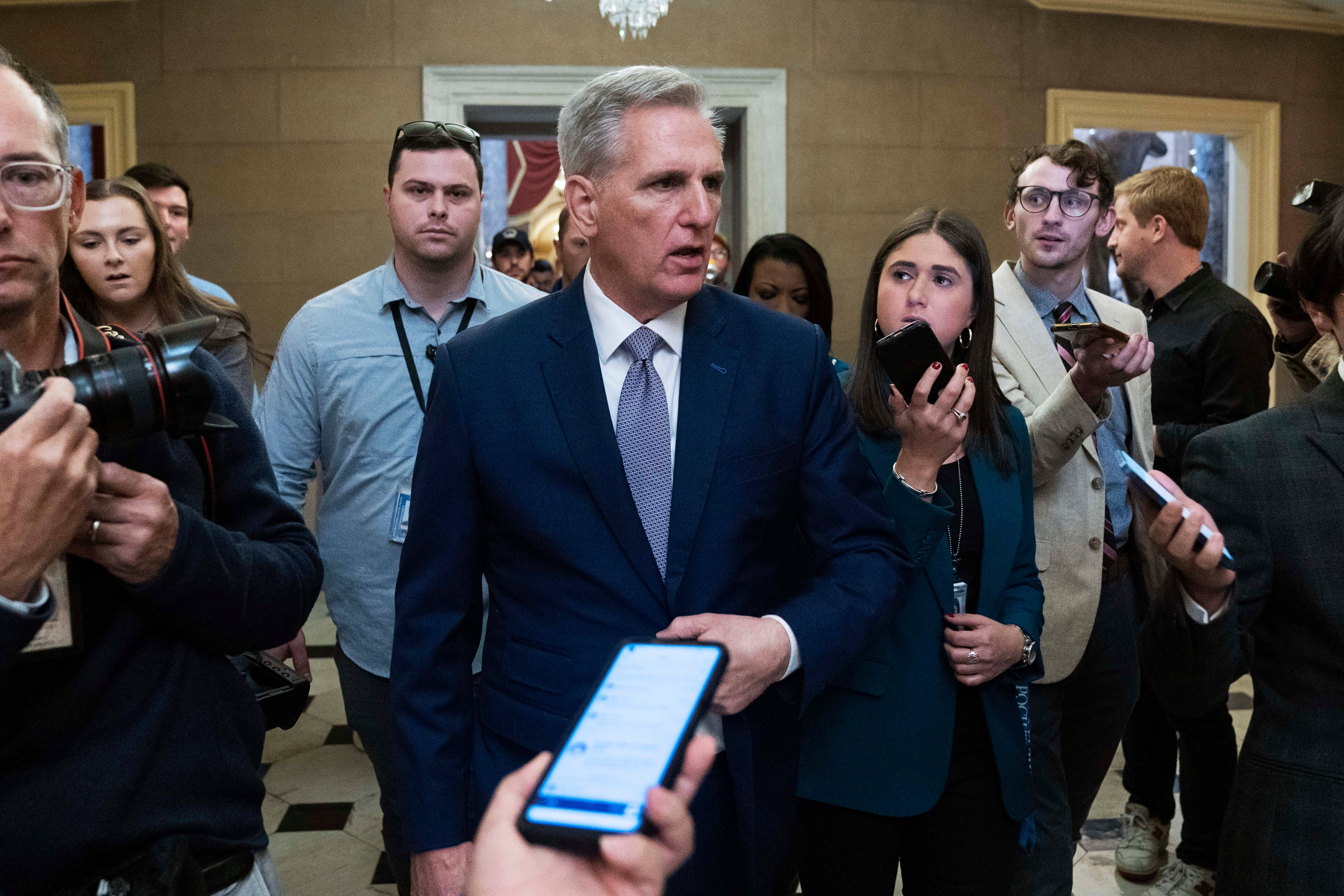 Former Speaker of the House Kevin McCarthy walks to his office at the Capitol in Washington DC on Monday