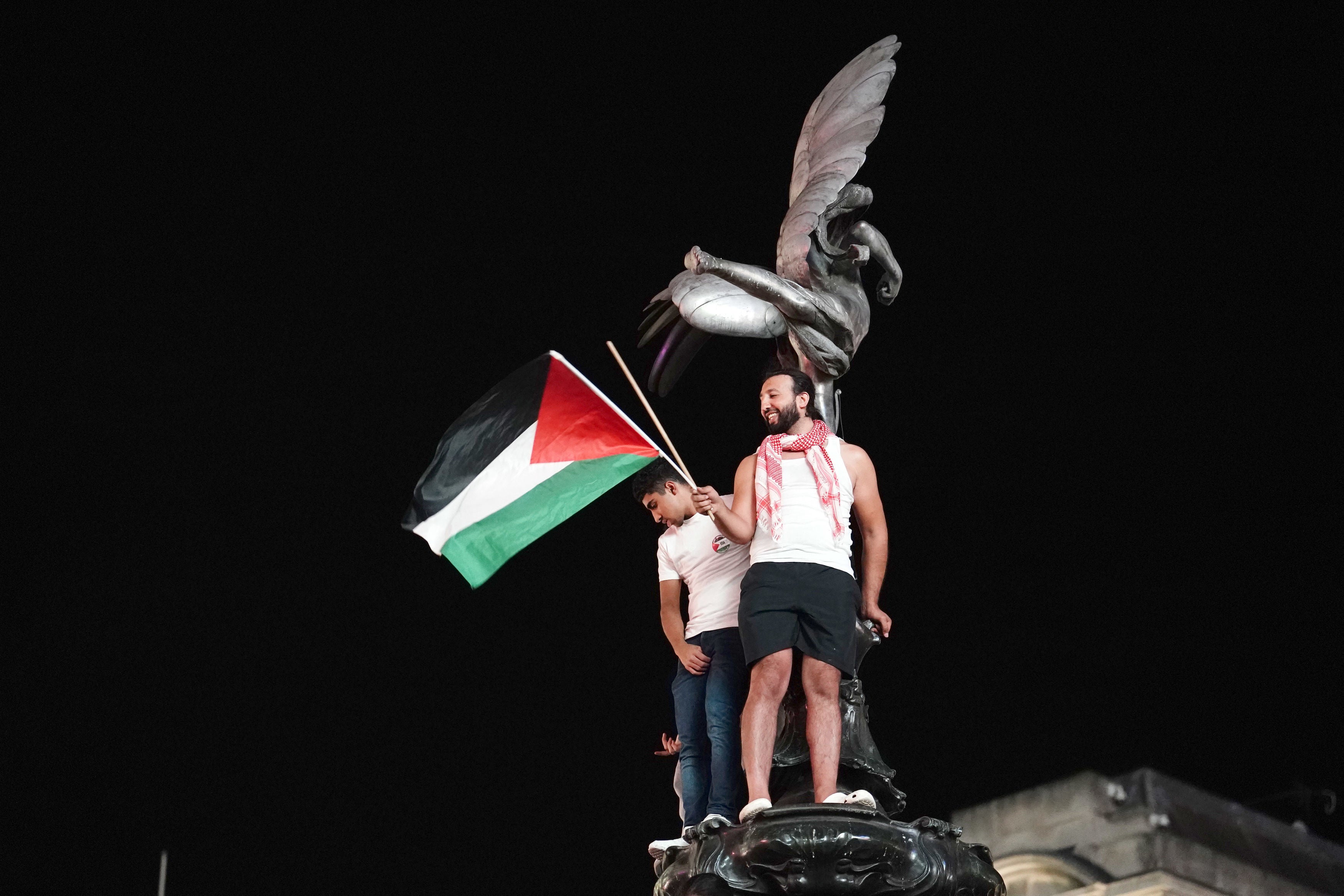 People take part in a Palestine Solidarity Campaign demonstration in Piccadilly Circus on 9 October