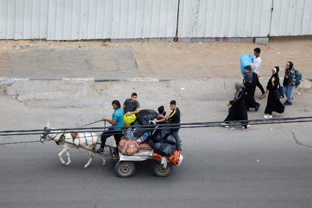 <p>Palestinians fleeing their homes amid Israeli strikes, ride a donkey cart carrying their belongings, in Gaza City on 10 October 2023.</p>