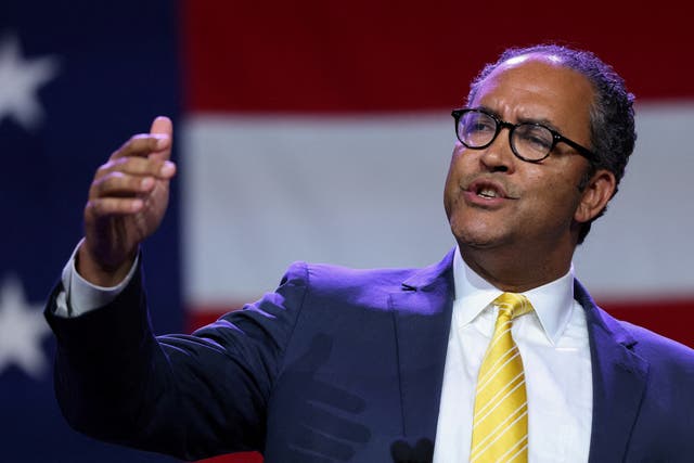 <p>Republican presidential candidate Will Hurd speaks at the Republican Party of Iowa's Lincoln Day Dinner in Des Moines, Iowa, U.S., July 28, 2023</p>