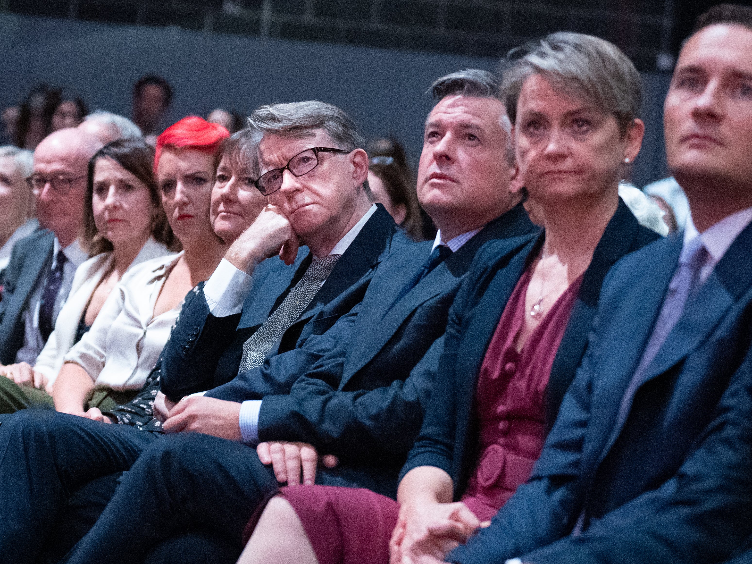 Peter Mandelson (centre) listens as shadow chancellor Rachel Reeves