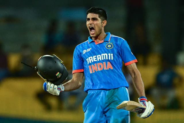 <p>File: India's Shubman Gill celebrates after scoring a century during the Asia Cup 2023 Super Four one-day international (ODI) cricket match between India and Bangladesh</p>