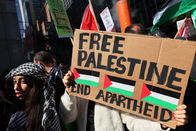 <p>Pro-Palestinian demonstrators gather in support of the Palestinian people during a rally for Gaza at the Consulate General of Israel on October 09, 2023 in New York City</p>