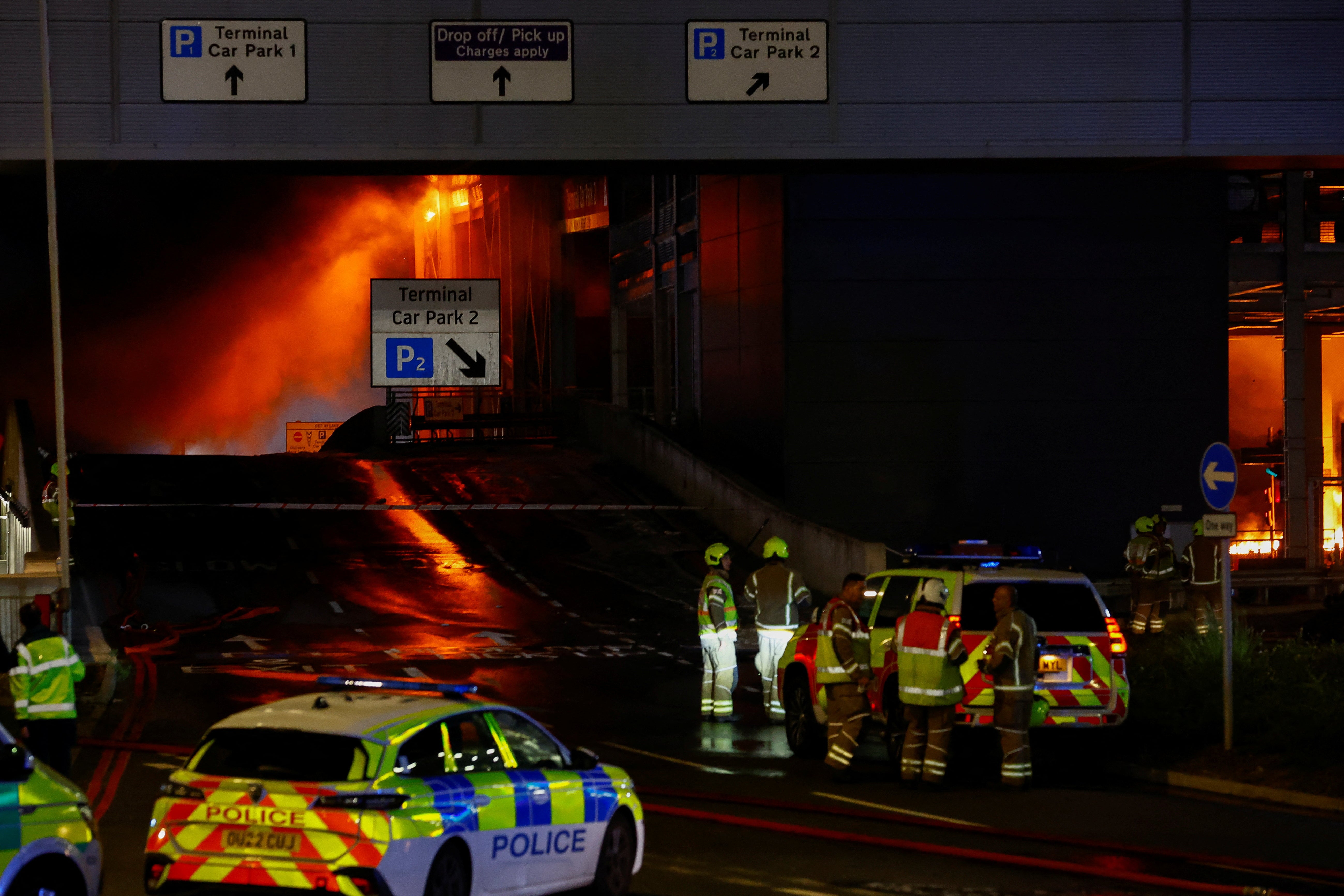 Emergency services respond to a fire in Terminal Car Park 2 at London Luton Airport