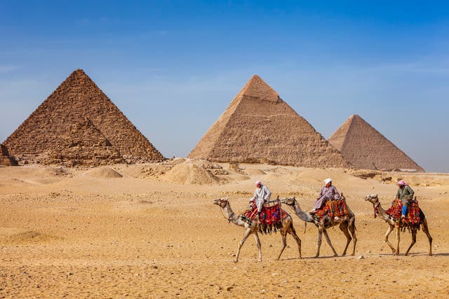 <p>Beduinos montados en camellos con las pirámides al fondo, Giza, Egipto.</p>
